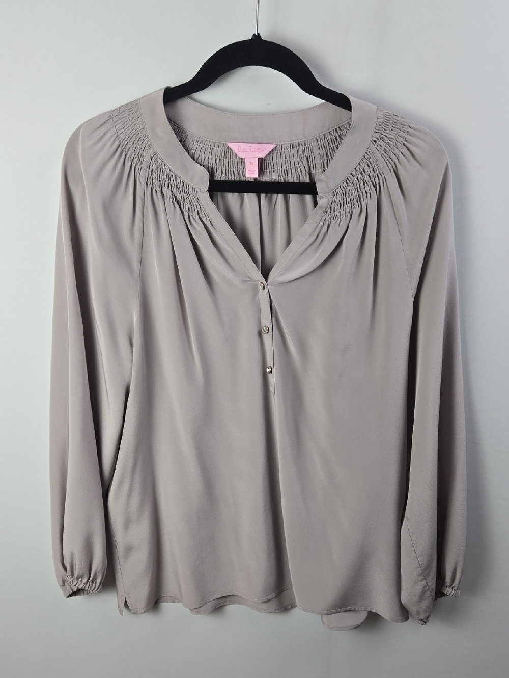 Lilly Pulitzer Elsa Grey Silk Pullover Long Sleeve Blouse Sz M Euro Boho Chic